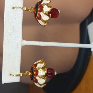Vintage Enamel Flower Drop Earrings – Red & Gold Boho